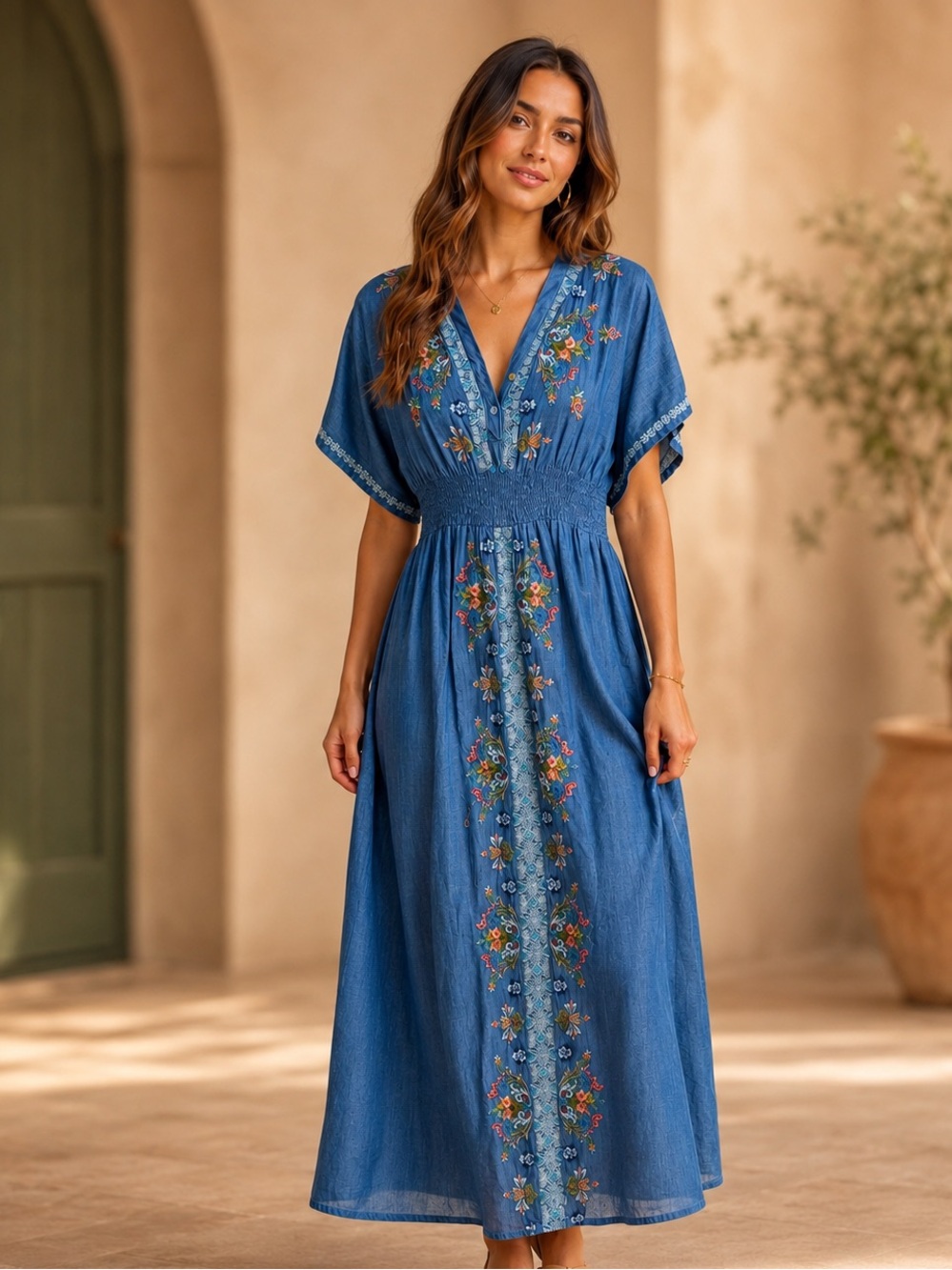 Karyn Seo NWT Blue Embroidered Smocked Waist Boho Maxi Dress